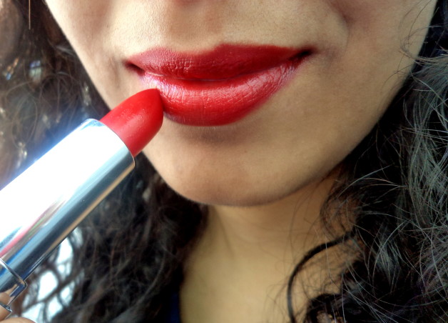 blotted red lipstick
